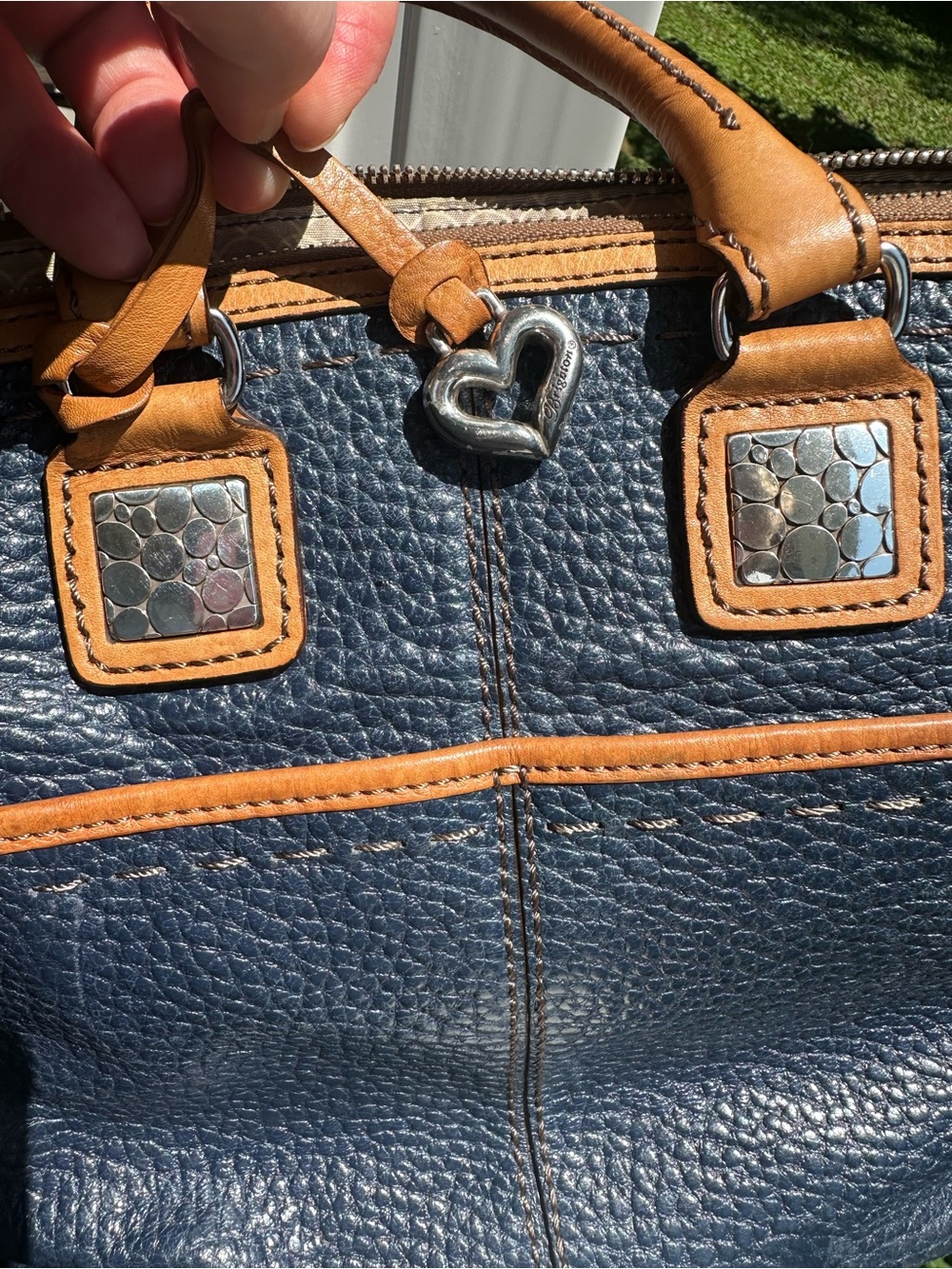 Brighton Navy Blue pebbled leather with Tan Leather Patch Tote - Picture 15 of 15